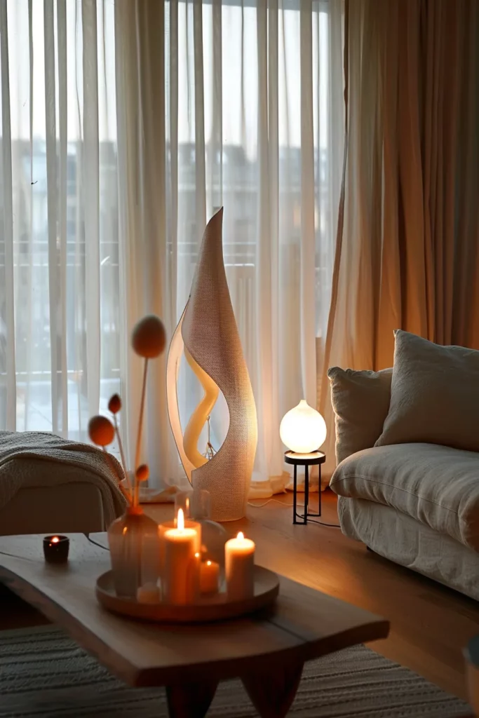 Cozy Scandinavian living room at evening time