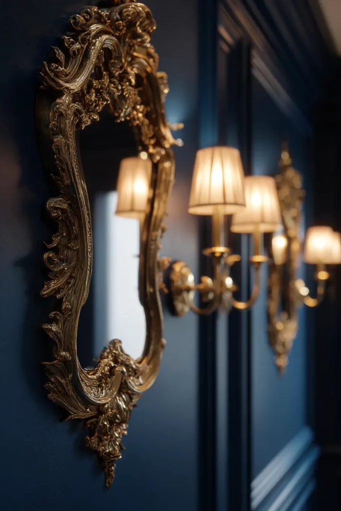 Navy Wall with Brass Mirror