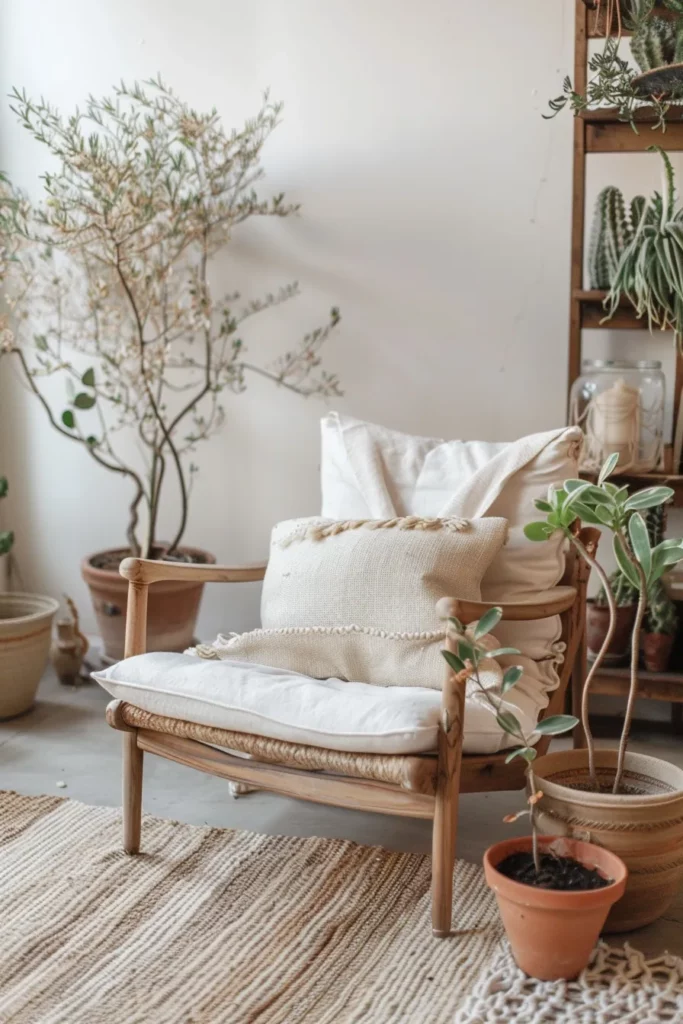 Sustainable Scandinavian living room featuring reclaimed light wood furniture
