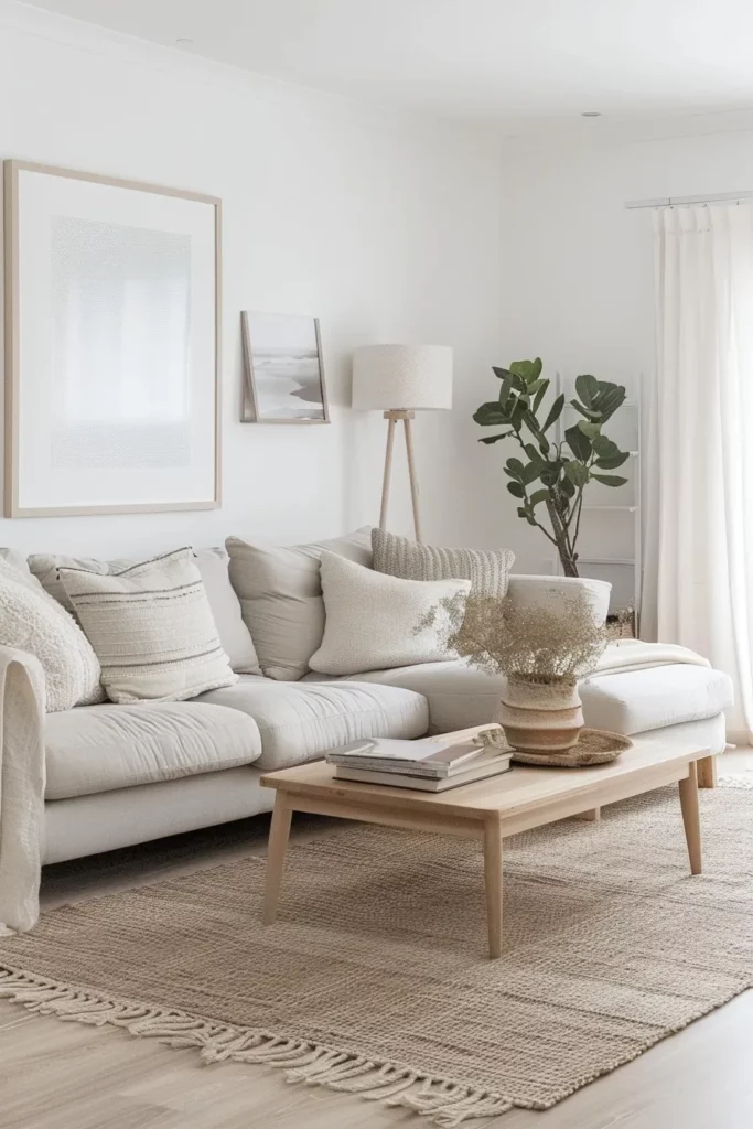 Wide angle view of complete Scandinavian living room