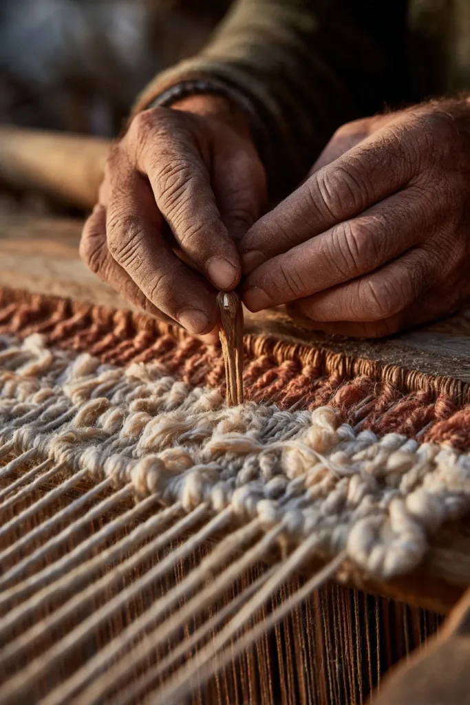 Artisan Hands Weaving Wool Rug