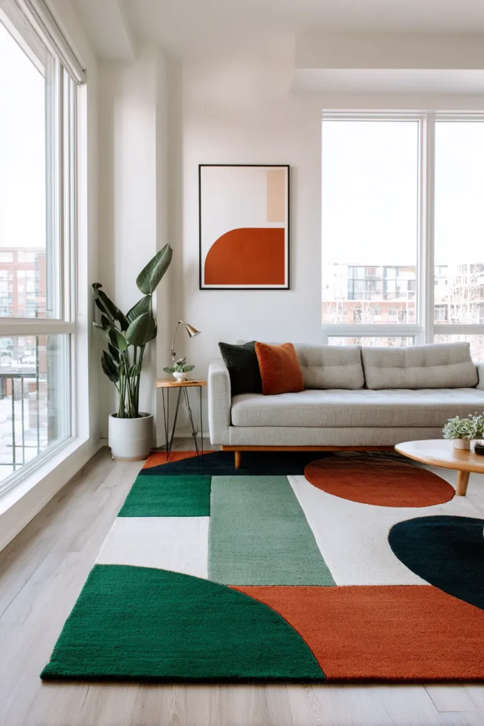 Bold Geometric Patterned Rug in Minimalist Space