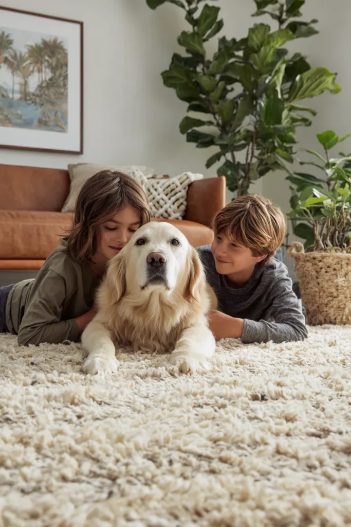 Family Living Room with Pet-Friendly Modern Rug