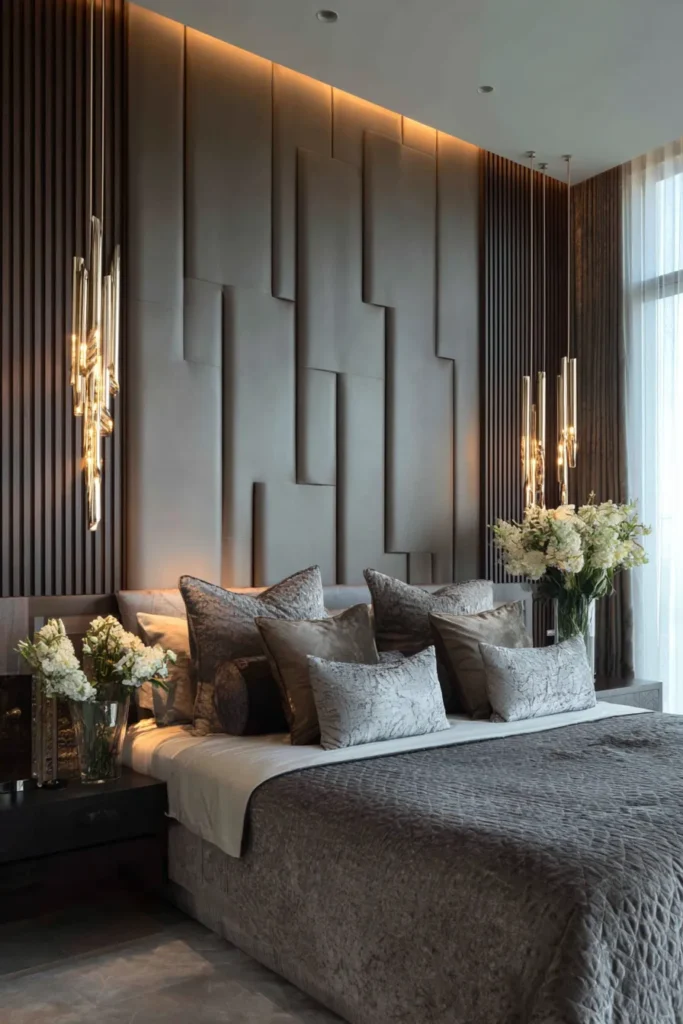 Fluted Wall Panels Behind Bed
