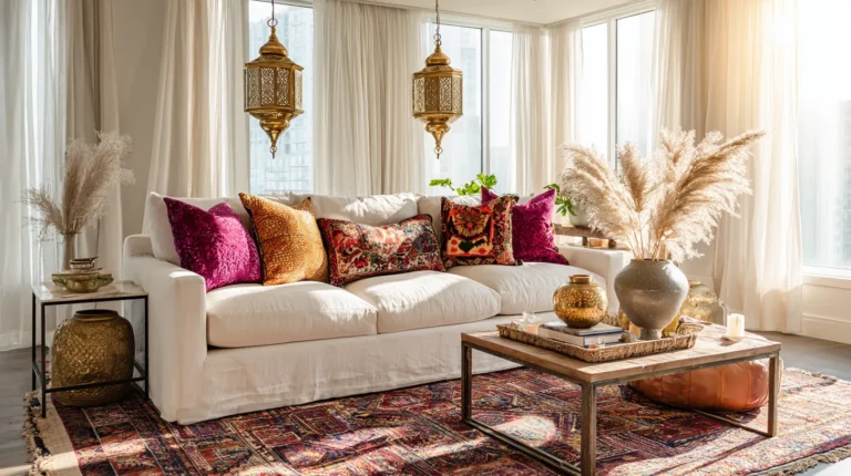Global Fusion dining space mixing Indian carved furniture, Scandinavian modern chairs, and Moroccan accents