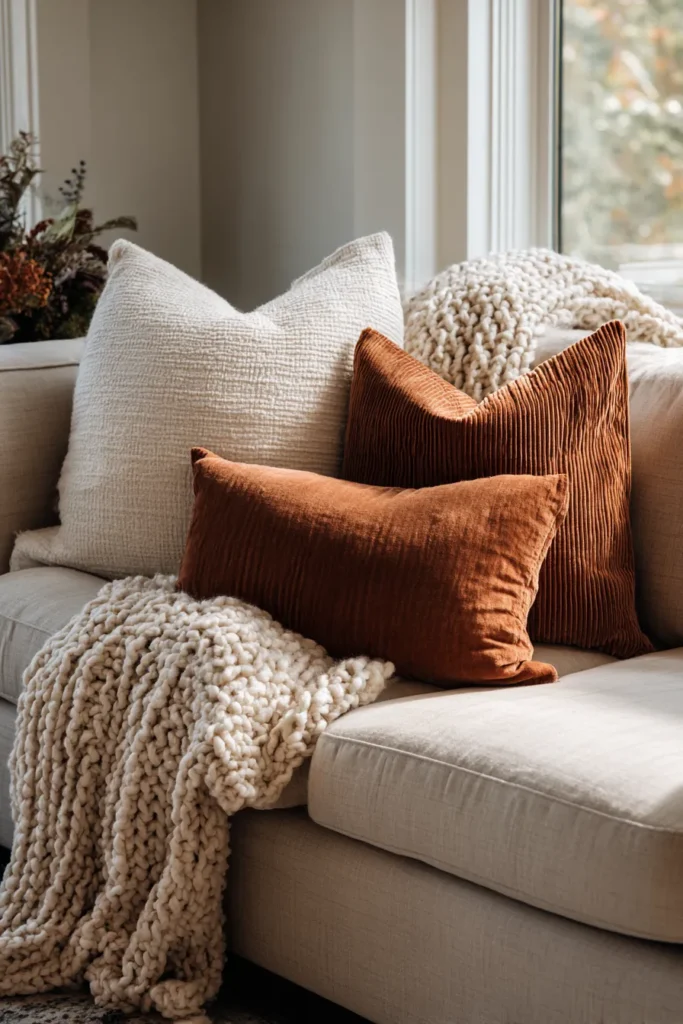 Layered Throw Pillows and Blankets