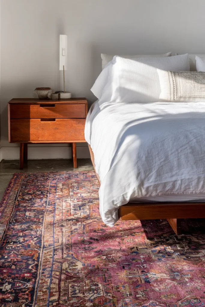 Vintage Persian Rug Layered in Contemporary Bedroom