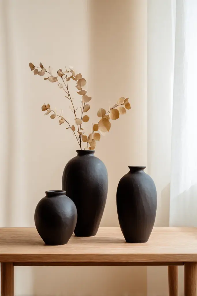 Black Ceramic Vases with Dried Botanicals