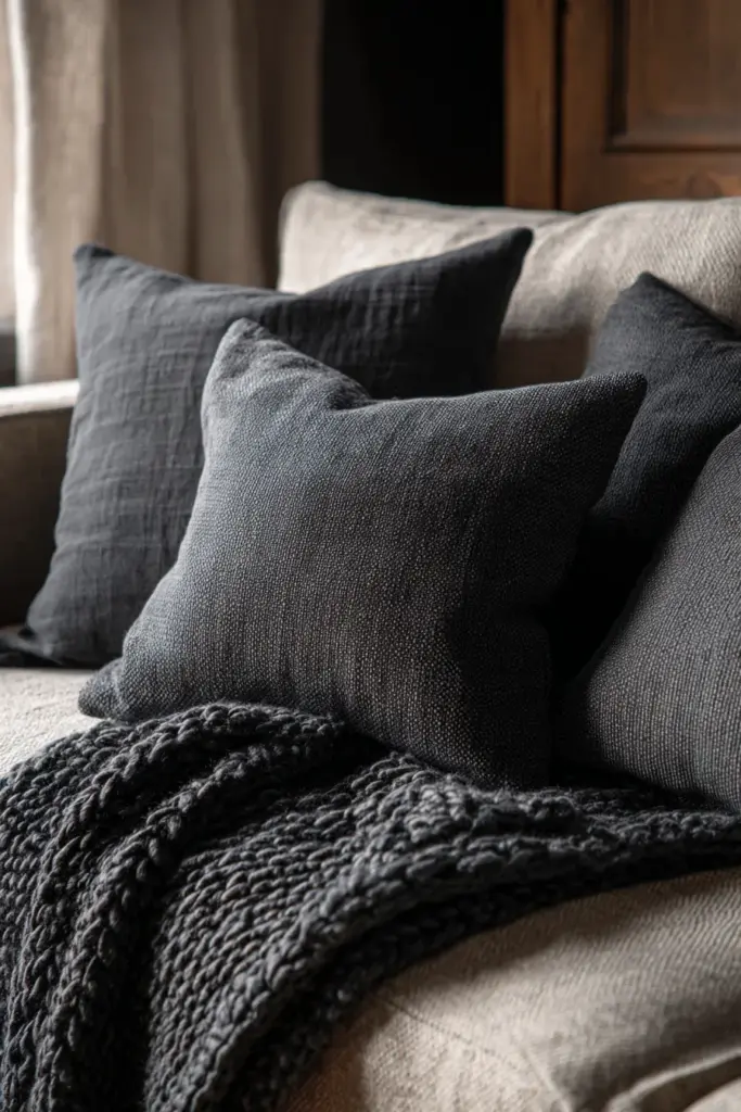 Charcoal Textiles Layered on Neutral Sofa