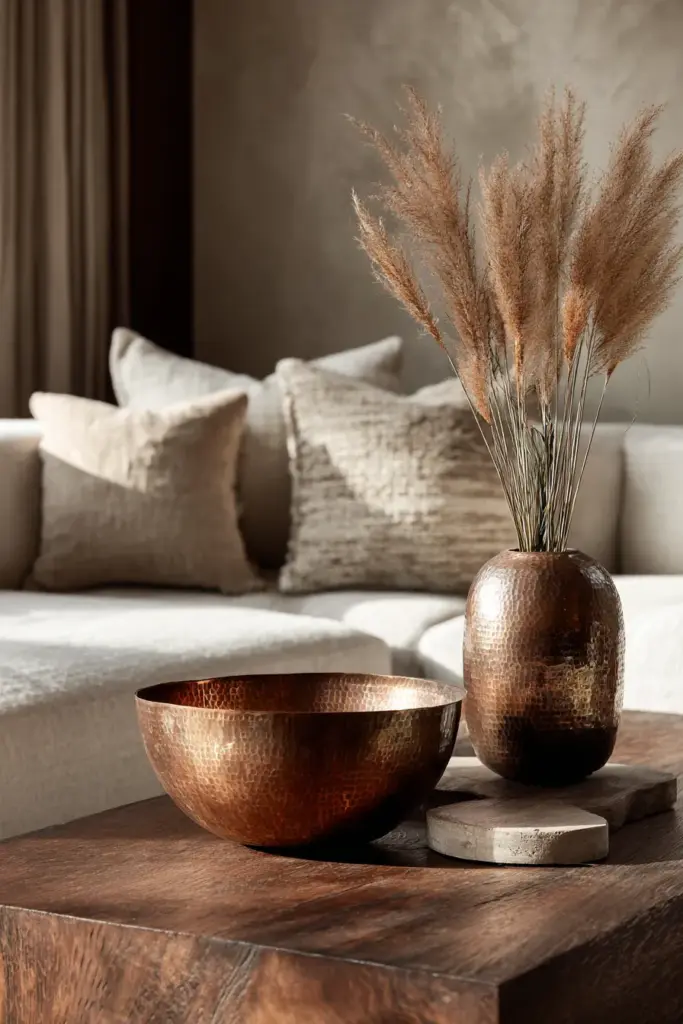 Copper Vessels on Wooden Coffee Table