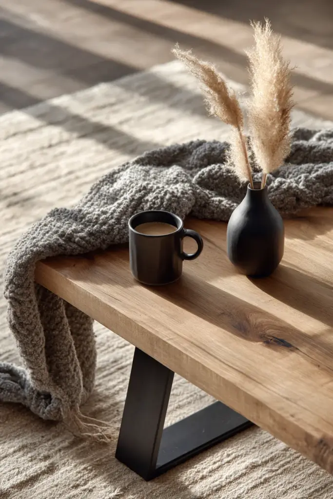 Low Black Coffee Table with Natural Wood Top