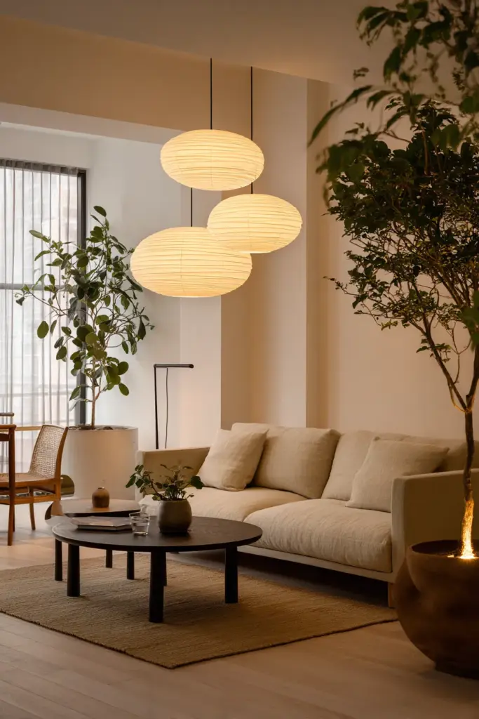 Japandi Living Room Three-Tier Lighting Setup