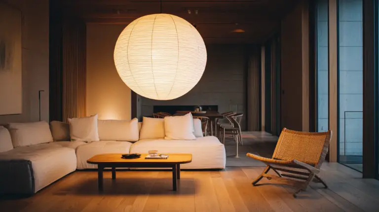 Japandi Living Room with Warm Pendant Lighting