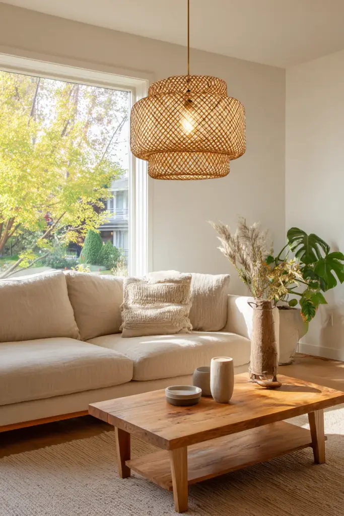 Japandi Pendant Light Above Coffee Table