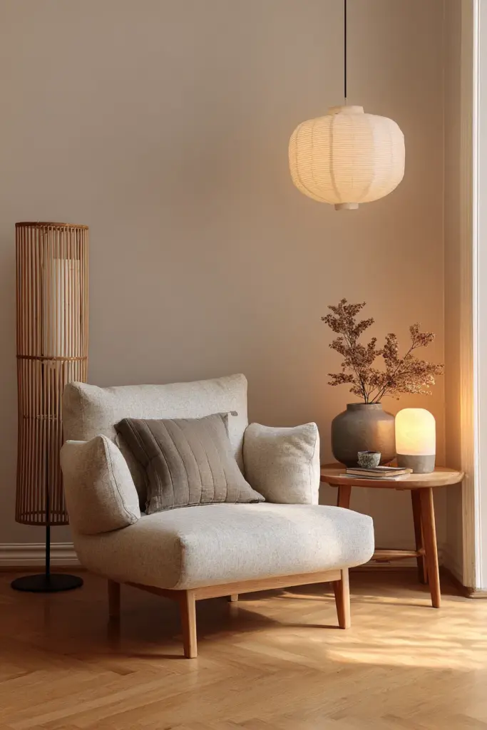 Layered Japandi Living Room Lighting Setup