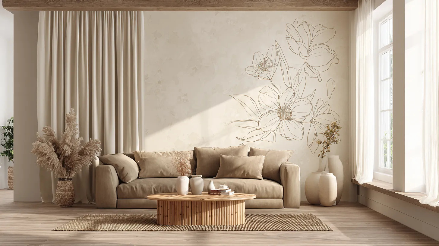 Serene Japandi Living Room with Botanical Wall Art