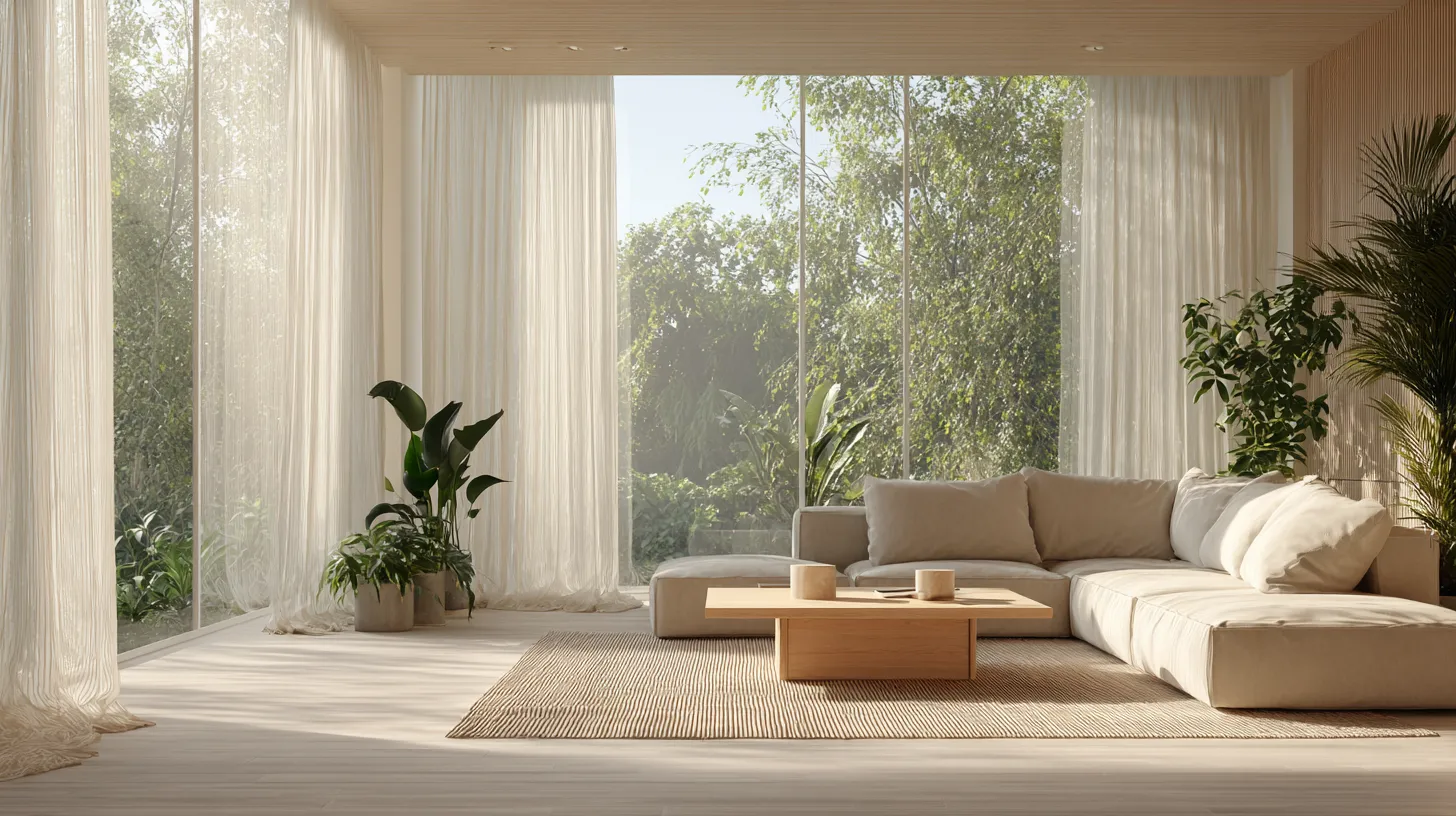 Serene Japandi Living Room with Garden View