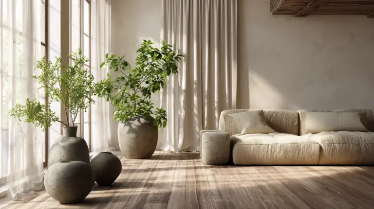 Serene Japandi Living Room with Greenery