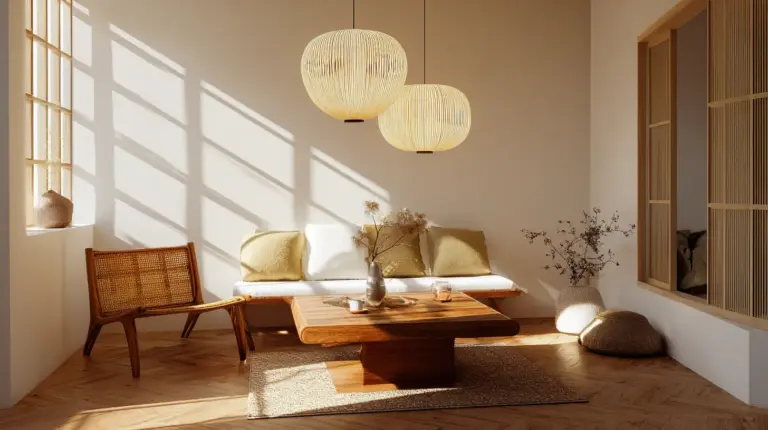 Sustainable Japandi Living Room at Dusk