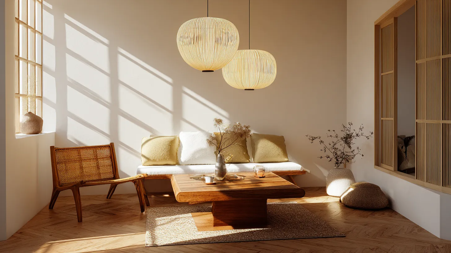 Sustainable Japandi Living Room at Dusk