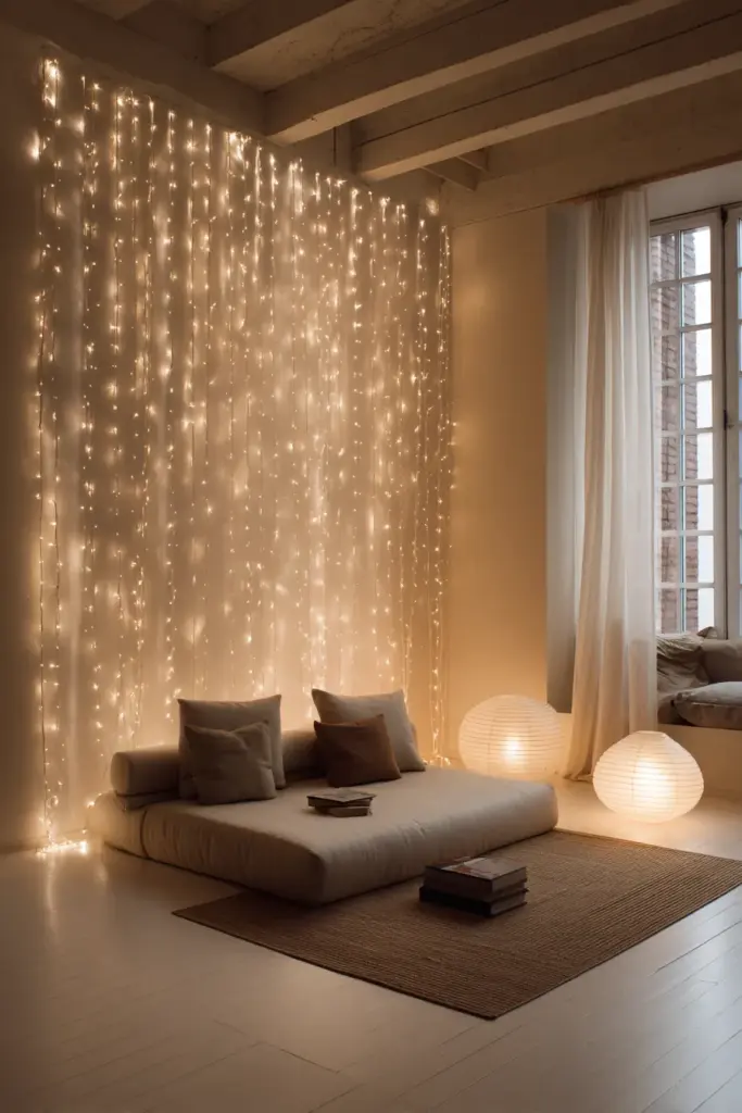 Vertical String Light Draping Small Apartment