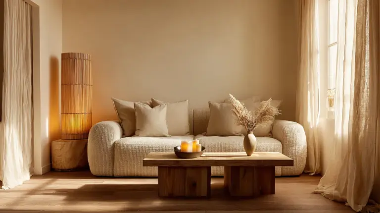 Warm String Lights Japandi Living Room Ambiance