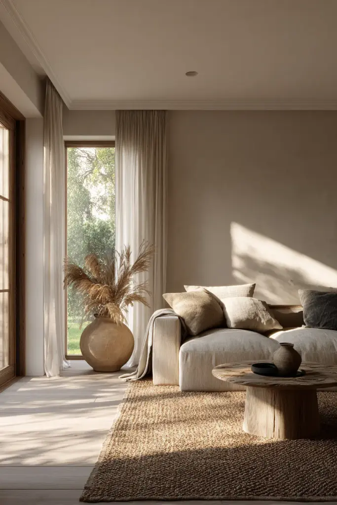 Layered Jute Rug on Natural Wood Japandi Floor with Window Light