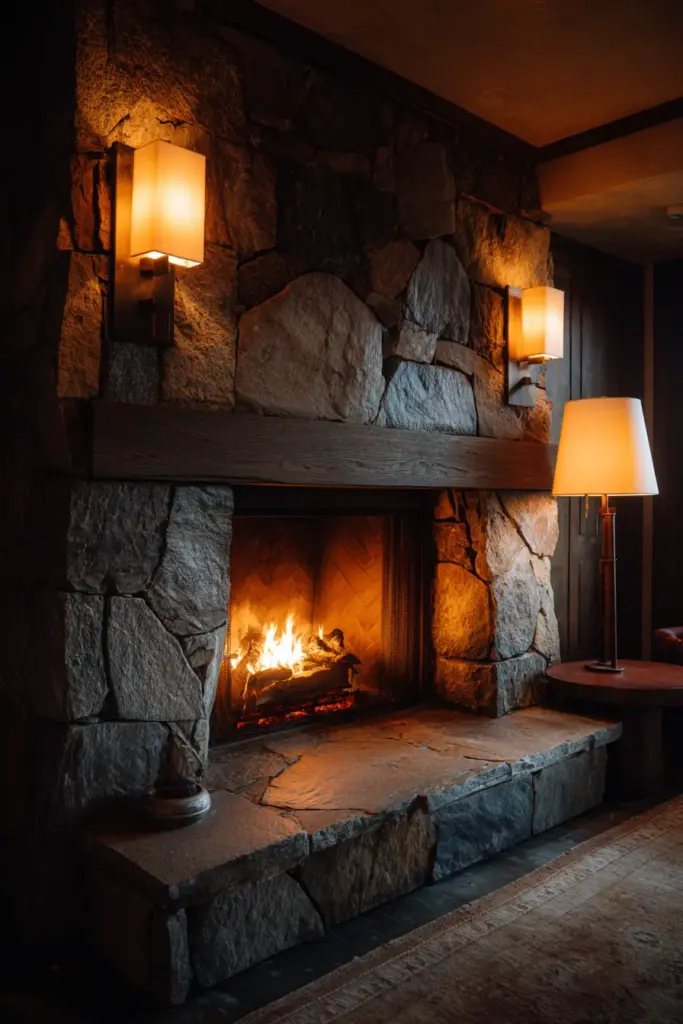 Layered Lighting Around Fireplace at Evening