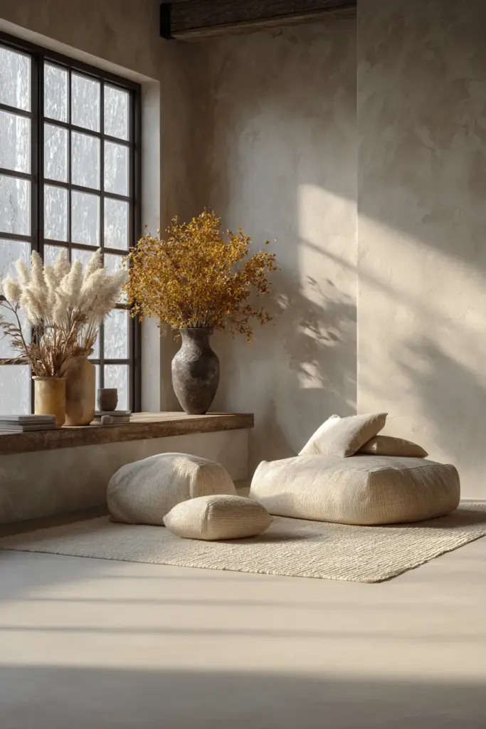 Micro-Cement Floor with Warm Textile Contrast