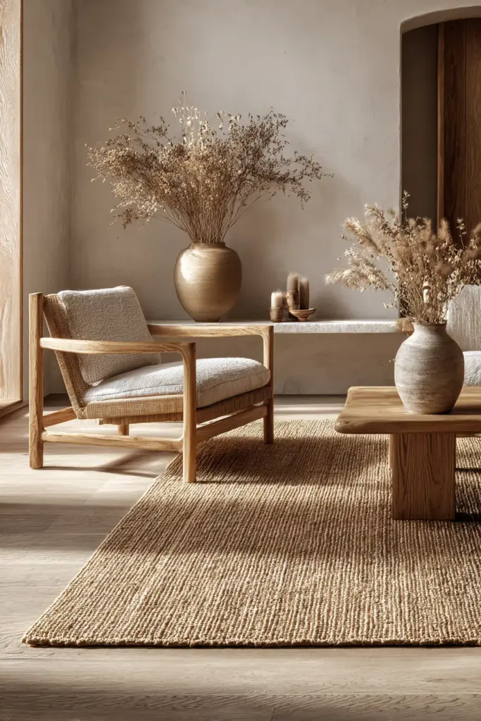 Natural Rug Layered Over Japandi Floor