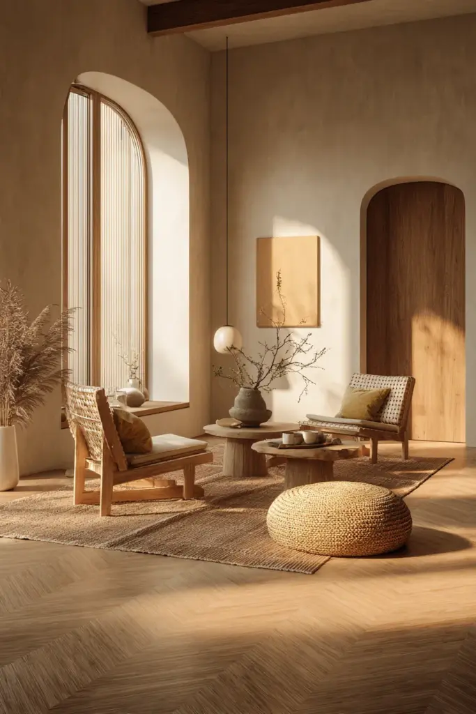 North-Facing Japandi Room with Honey Bamboo Floor