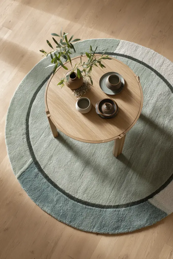 Sage Green Rug with Coffee Table Styling