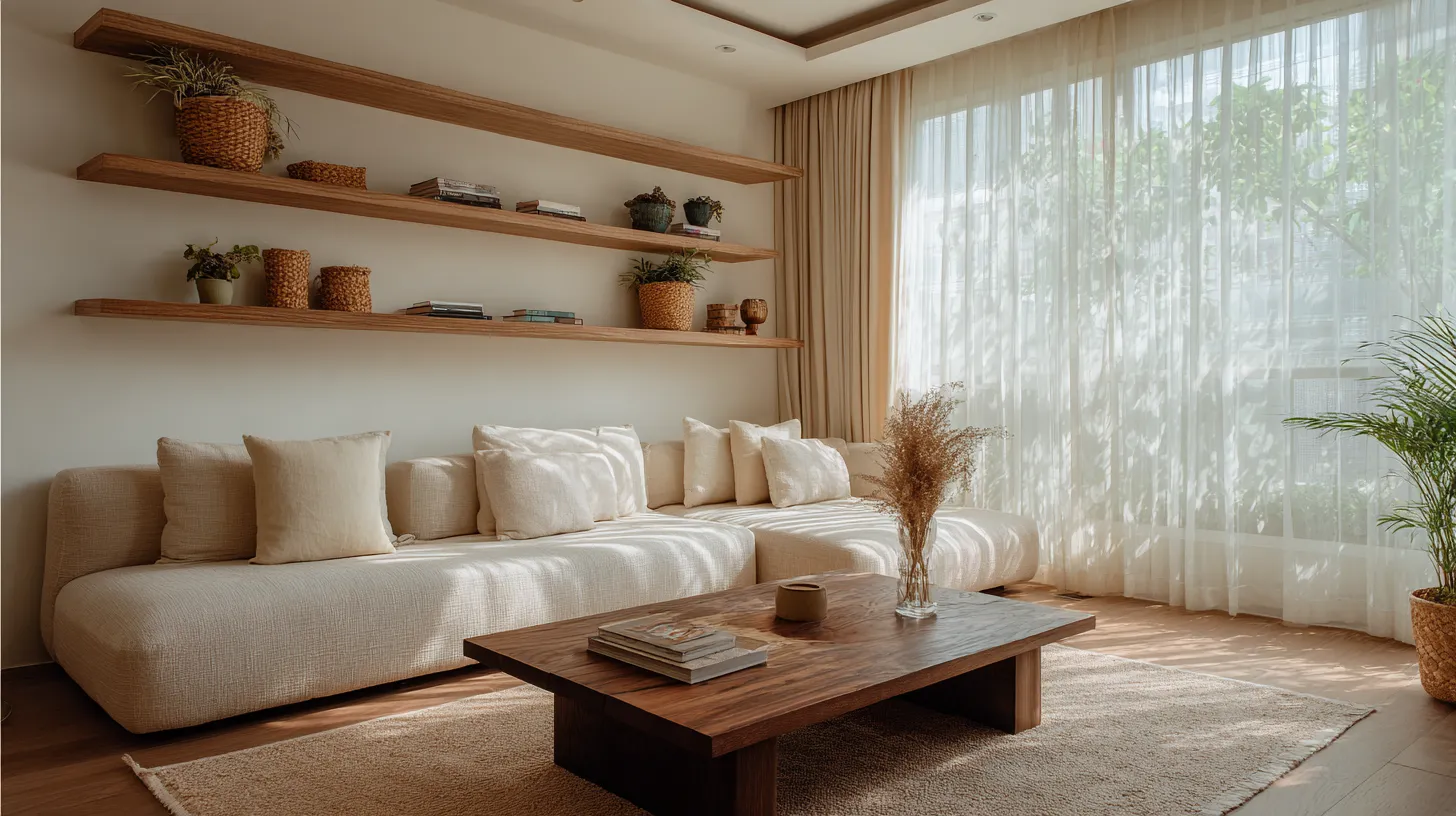 Serene Japandi Living Room with Natural Storage