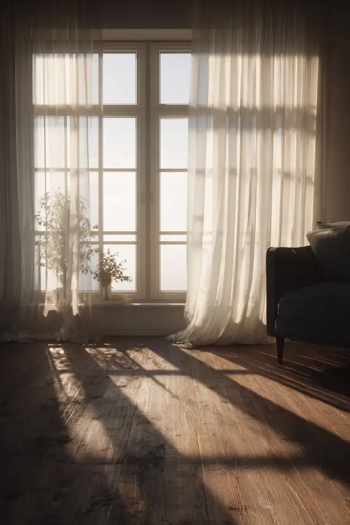 South-Facing Japandi Room, Matte Mid-Tone Floor and Glare Control