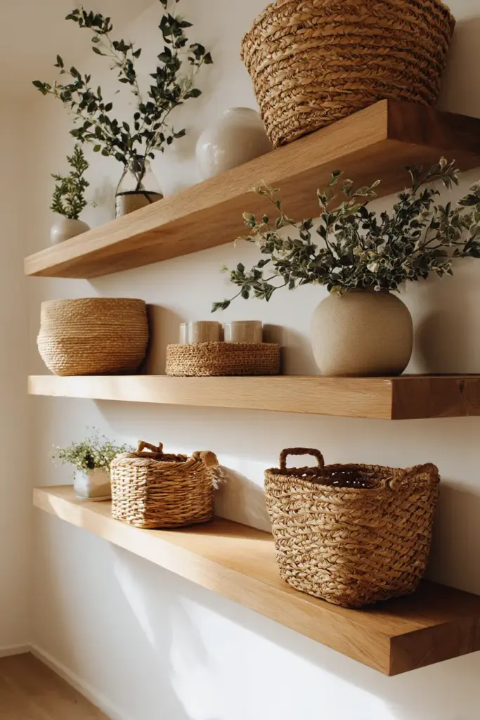 Vertical Oak Shelving with Woven Baskets