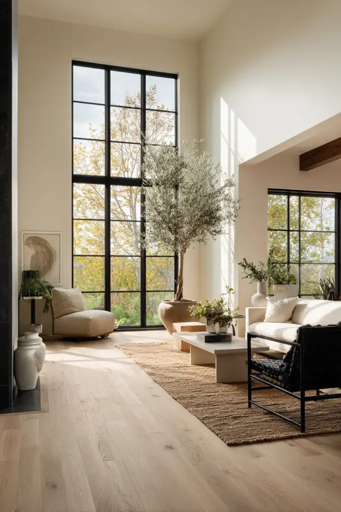Wide-Angle Japandi Living Room with Multiple Flooring Elements