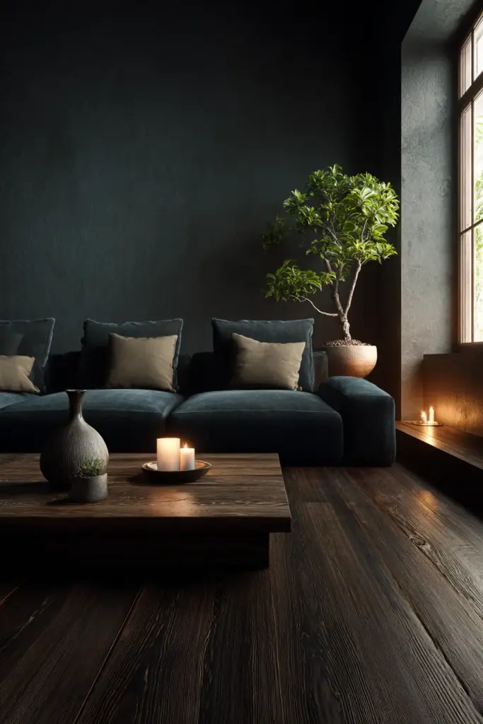 Wide Plank Walnut Flooring – Moody Japandi Interior