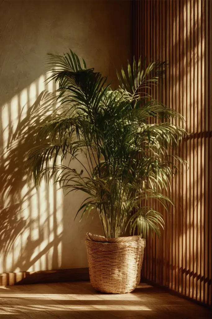 Bamboo Palm with Rattan Planter and Wood Screen