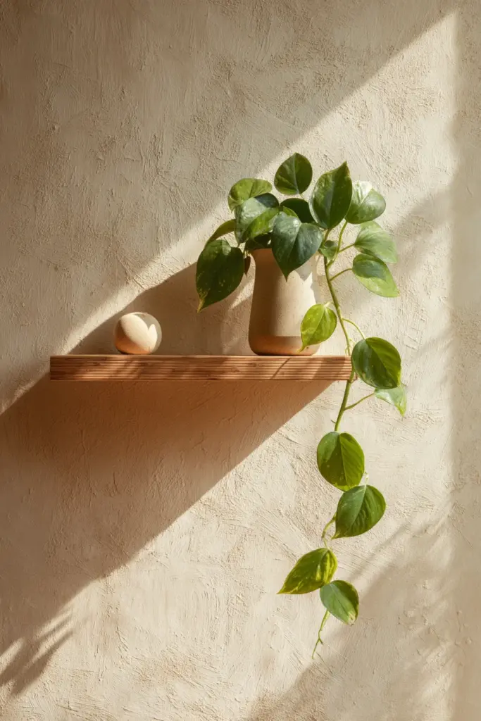 Biophilic Japandi Wall with Plant and Shelf