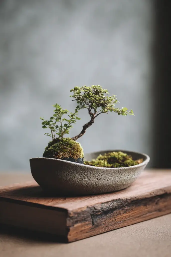 Bonsai on Japandi Wooden Shelf