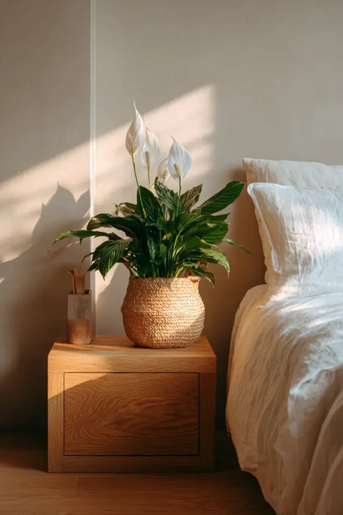 Japandi Bedroom with Peace Lily Nightstand