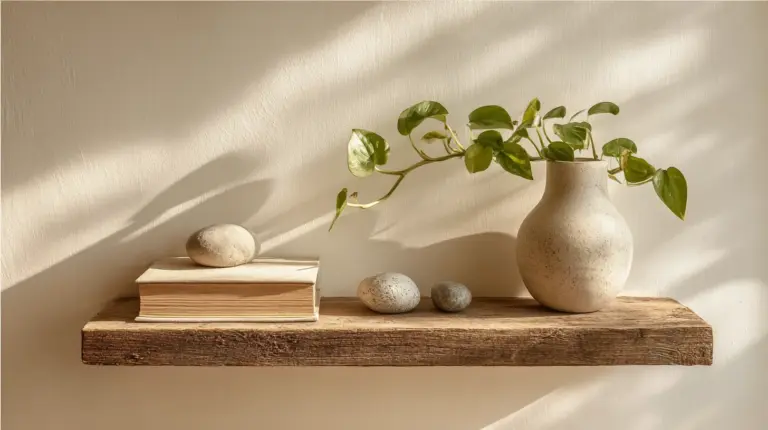 Japandi Floating Shelf Styled with Ceramics and Plants
