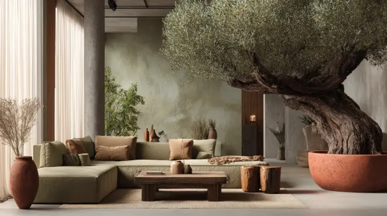 Japandi Living Room with Olive Tree