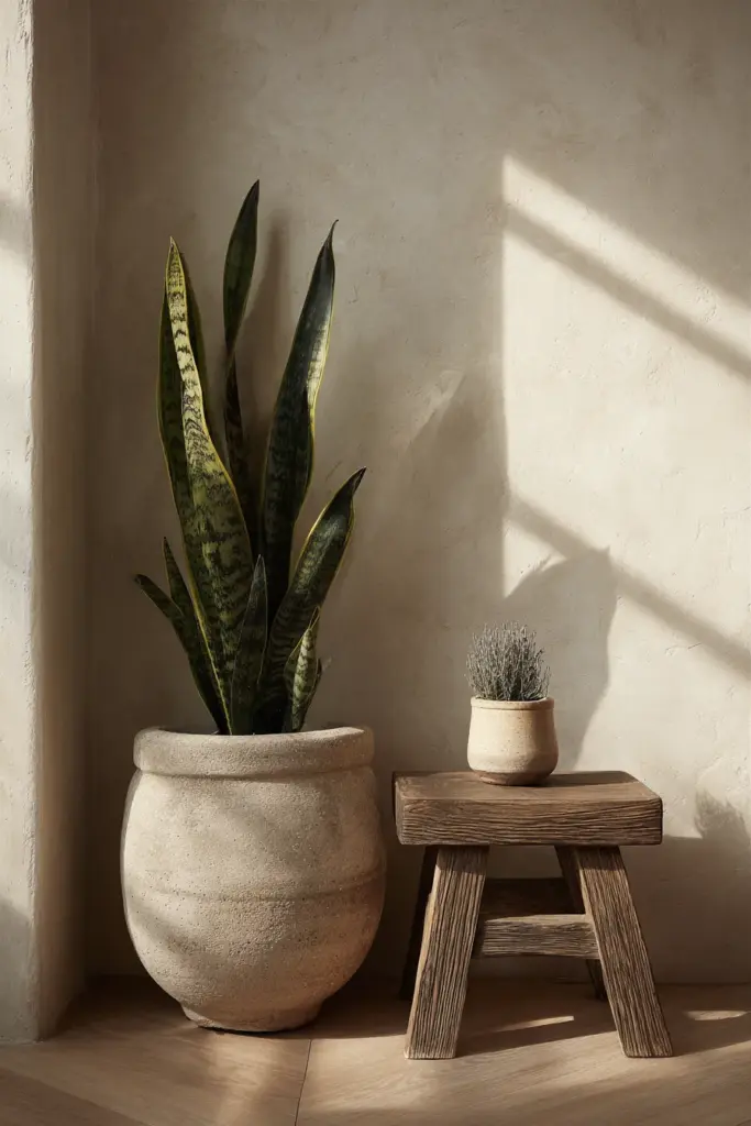 Japandi Plant Corner with Lavender and Snake Plant