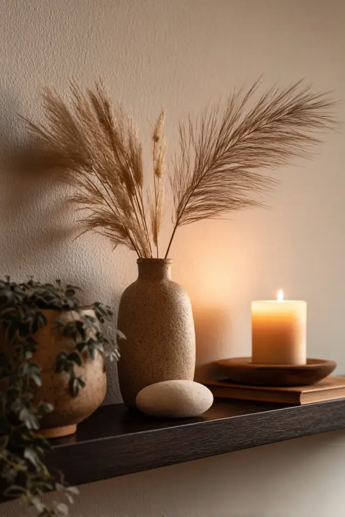 Japandi Shelf Styled with Plants and Warm Candlelight