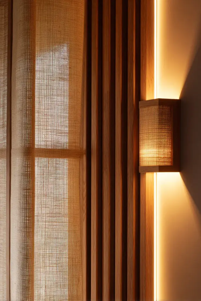Japandi Wall with LED Backlit Panels at Dusk