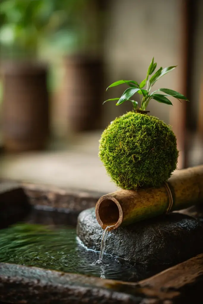 Kokedama and Bamboo Spout Fountain