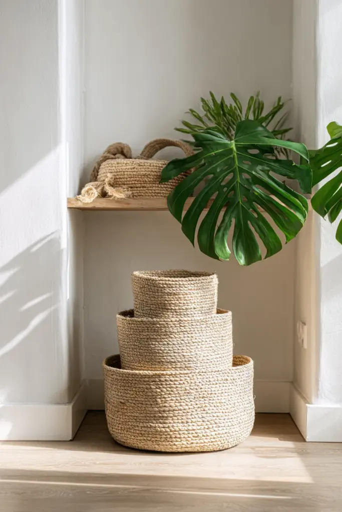 Stackable Japandi Baskets in Small Apartment