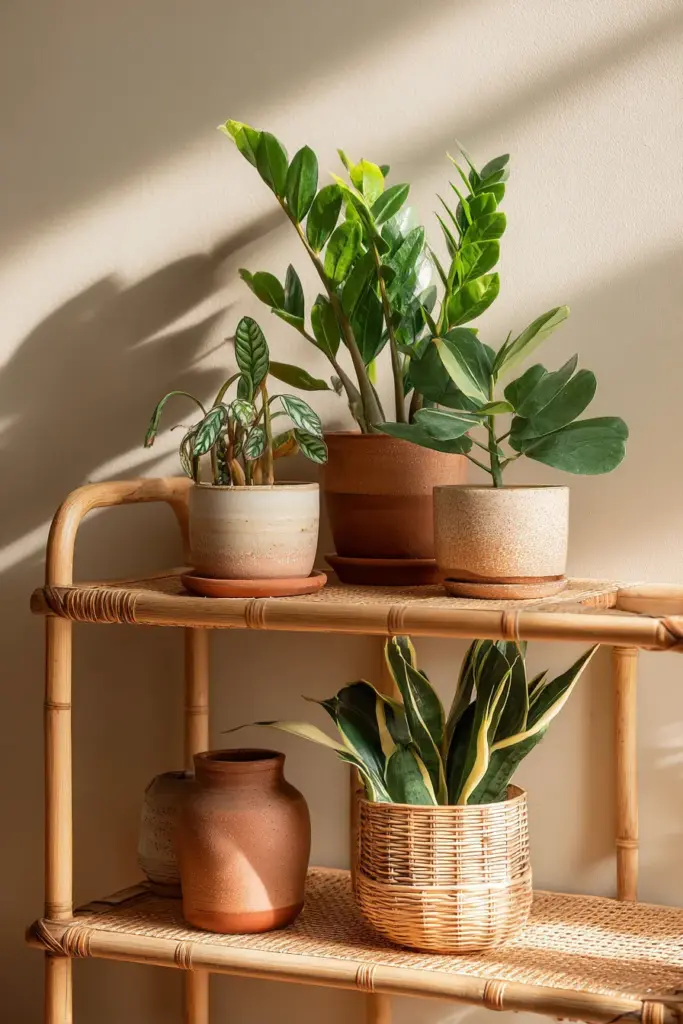 Tropical Japandi Plant Shelfscape with Ceramic Pots
