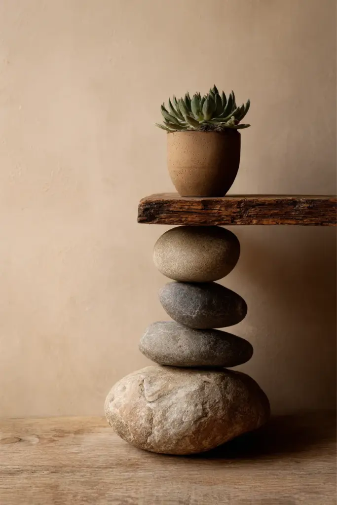 Wabi-Sabi Stone Stack Shelf with Succulent